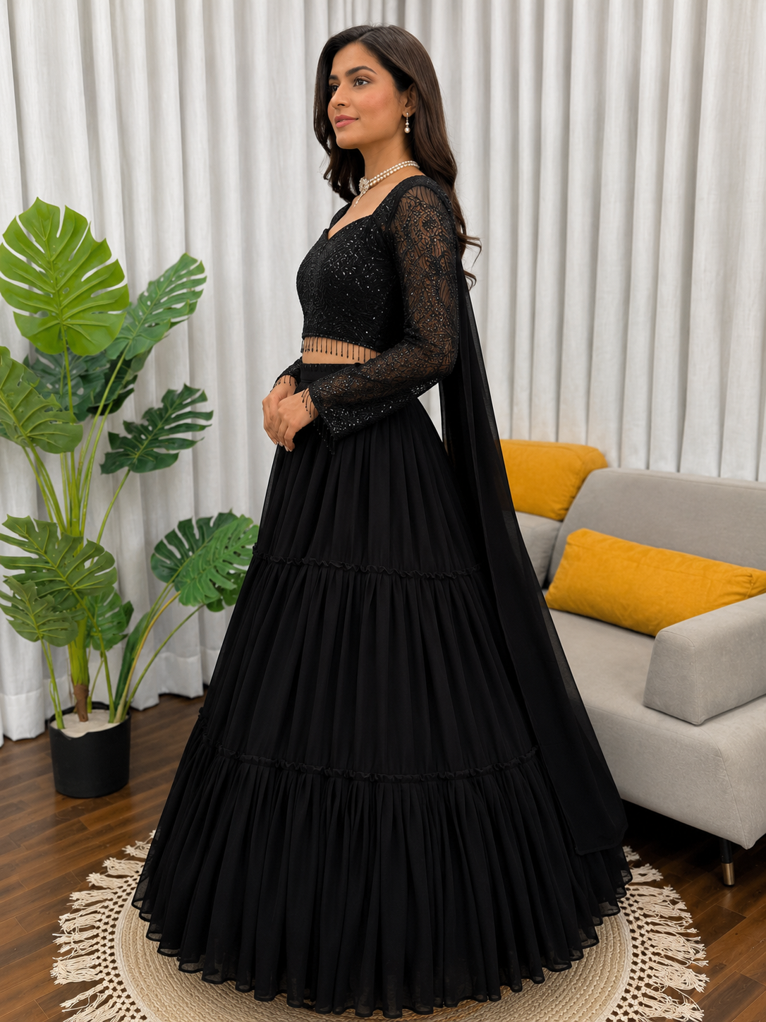 Designer Black Sequin Embroidered Georgette Lehenga Choli Set with Full Sleeve Blouse & Dupatta | Party Wear Wedding Lehenga