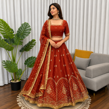 Designer Rust Orange Embroidered Lehenga Choli Set with Dupatta | Wedding & Festive Wear Lehenga for Women