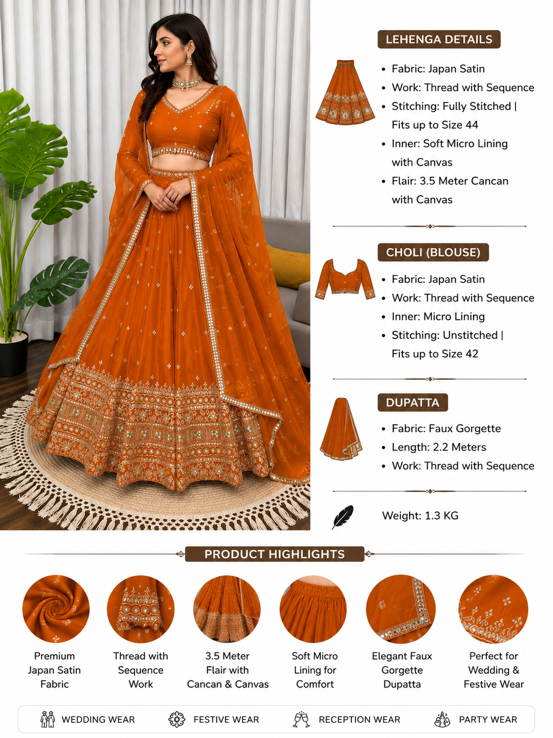 Designer Mustard Orange Embroidered Silk Lehenga Choli Set with Dupatta | Wedding & Festive Wear for Women