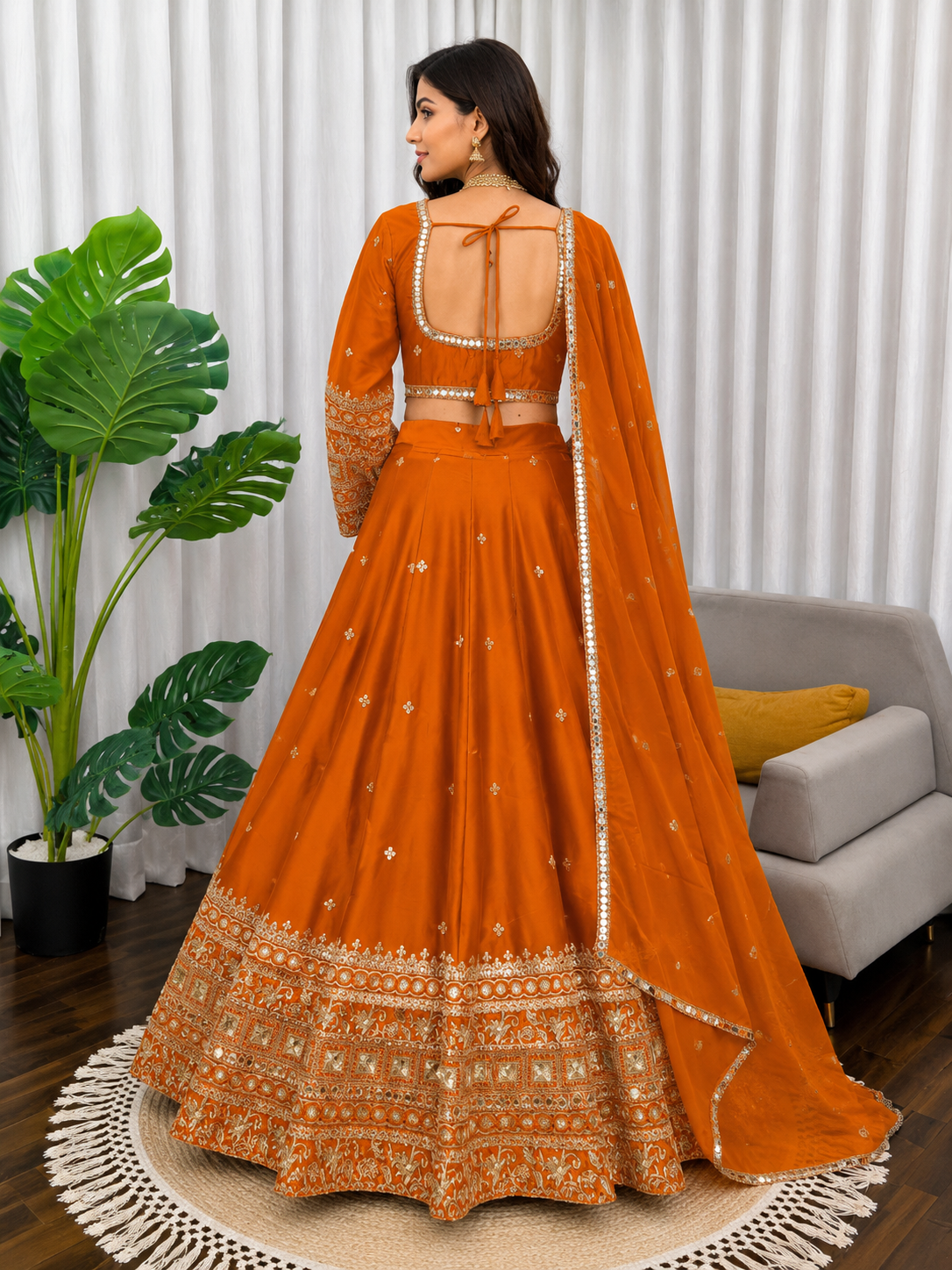 Designer Mustard Orange Embroidered Silk Lehenga Choli Set with Dupatta | Wedding & Festive Wear for Women