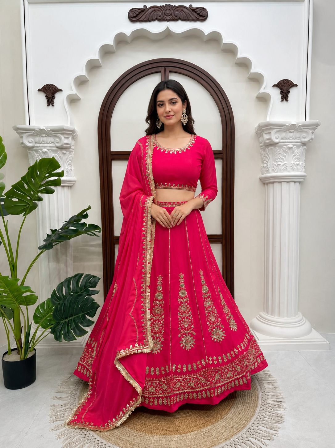 Pink Embroidered Chinon Lehenga Choli