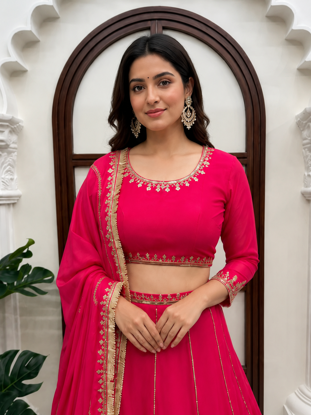 Pink Embroidered Chinon Lehenga Choli