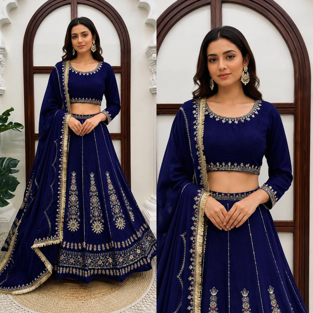 Navy Blue Chinon Lehenga