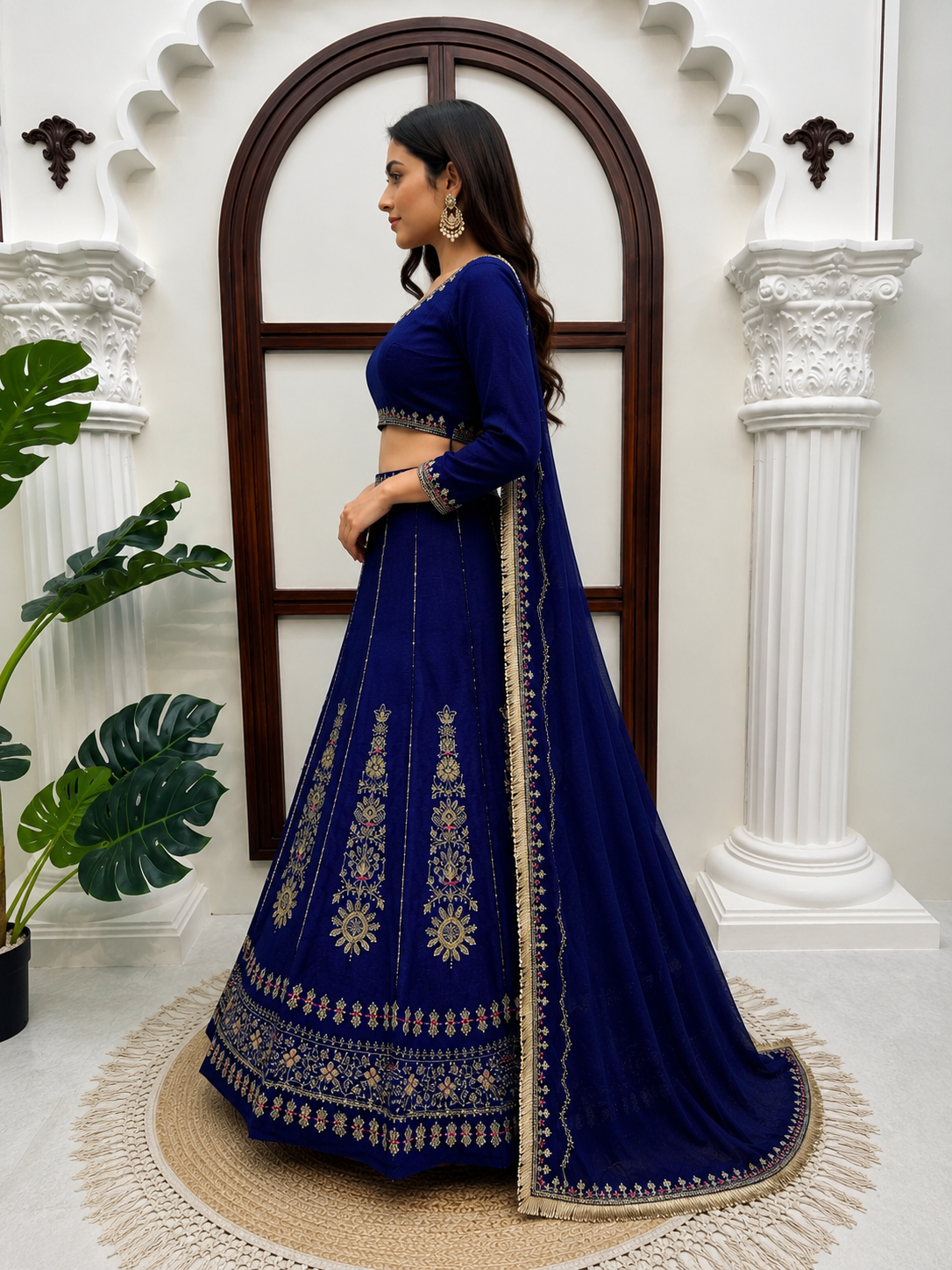 Navy Blue Chinon Lehenga