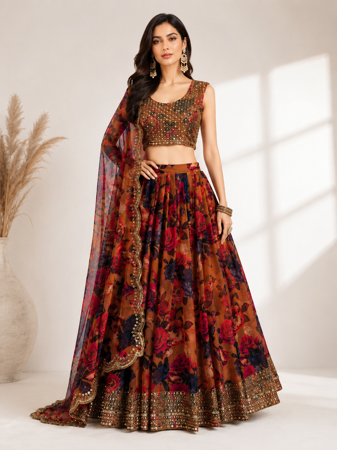 Brown Floral Organza Lehenga