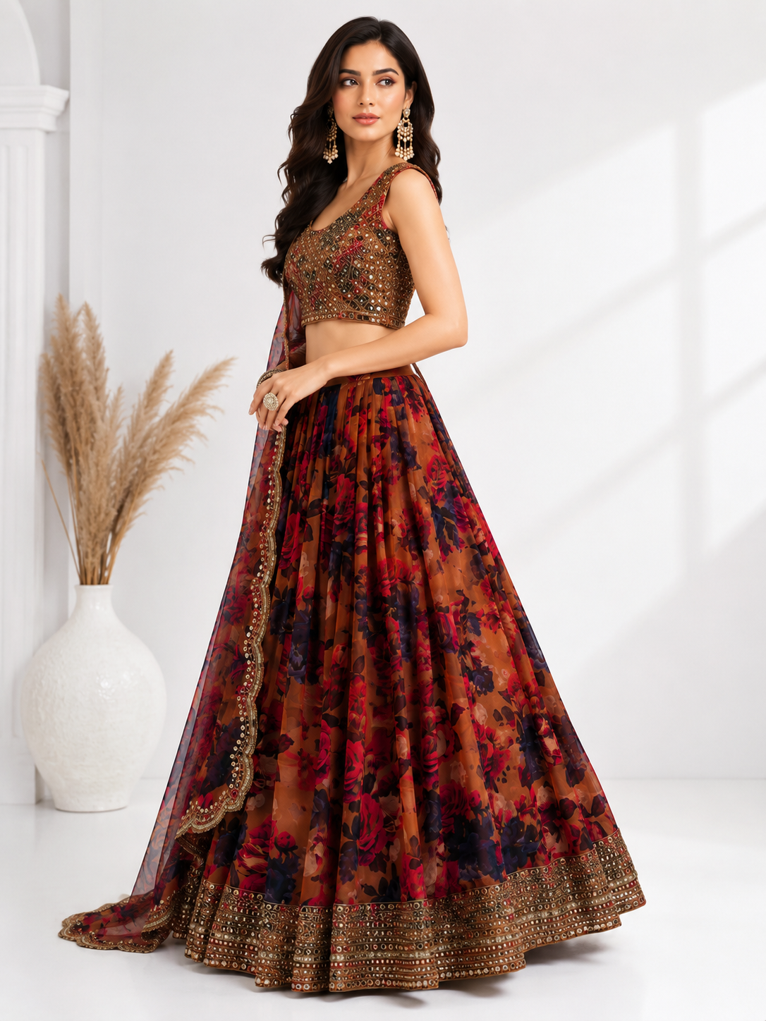 Designer Brown Floral Printed Lehenga Choli with Heavy Embroidered Blouse & Dupatta | Wedding & Party Wear