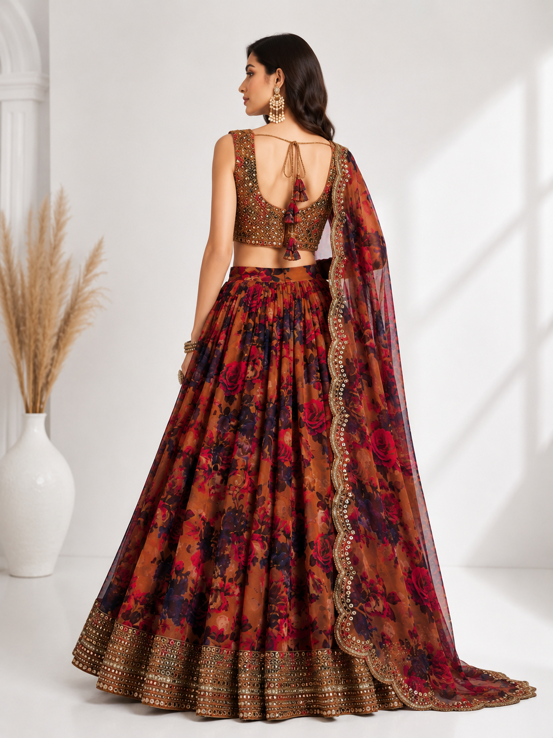 Designer Brown Floral Printed Lehenga Choli with Heavy Embroidered Blouse & Dupatta | Wedding & Party Wear