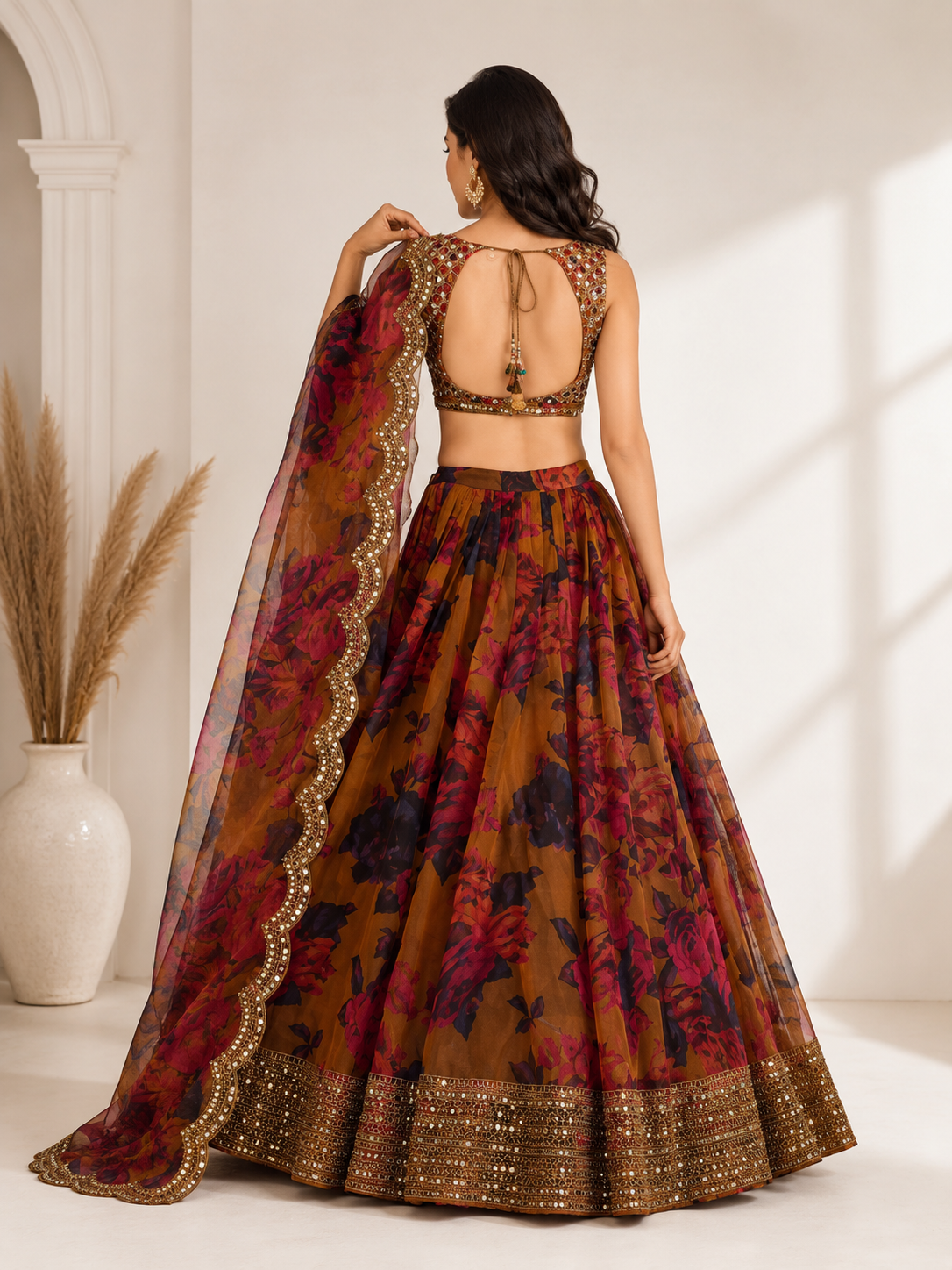 Brown Floral Organza Lehenga