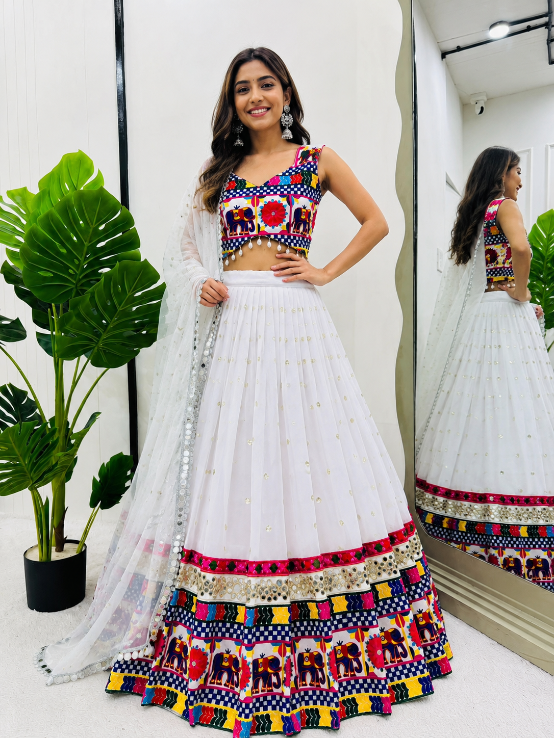 White Mirror Work Lehenga