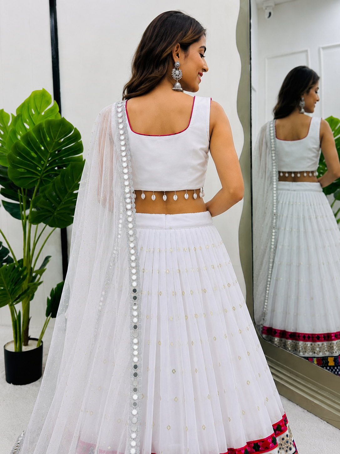White Mirror Work Lehenga