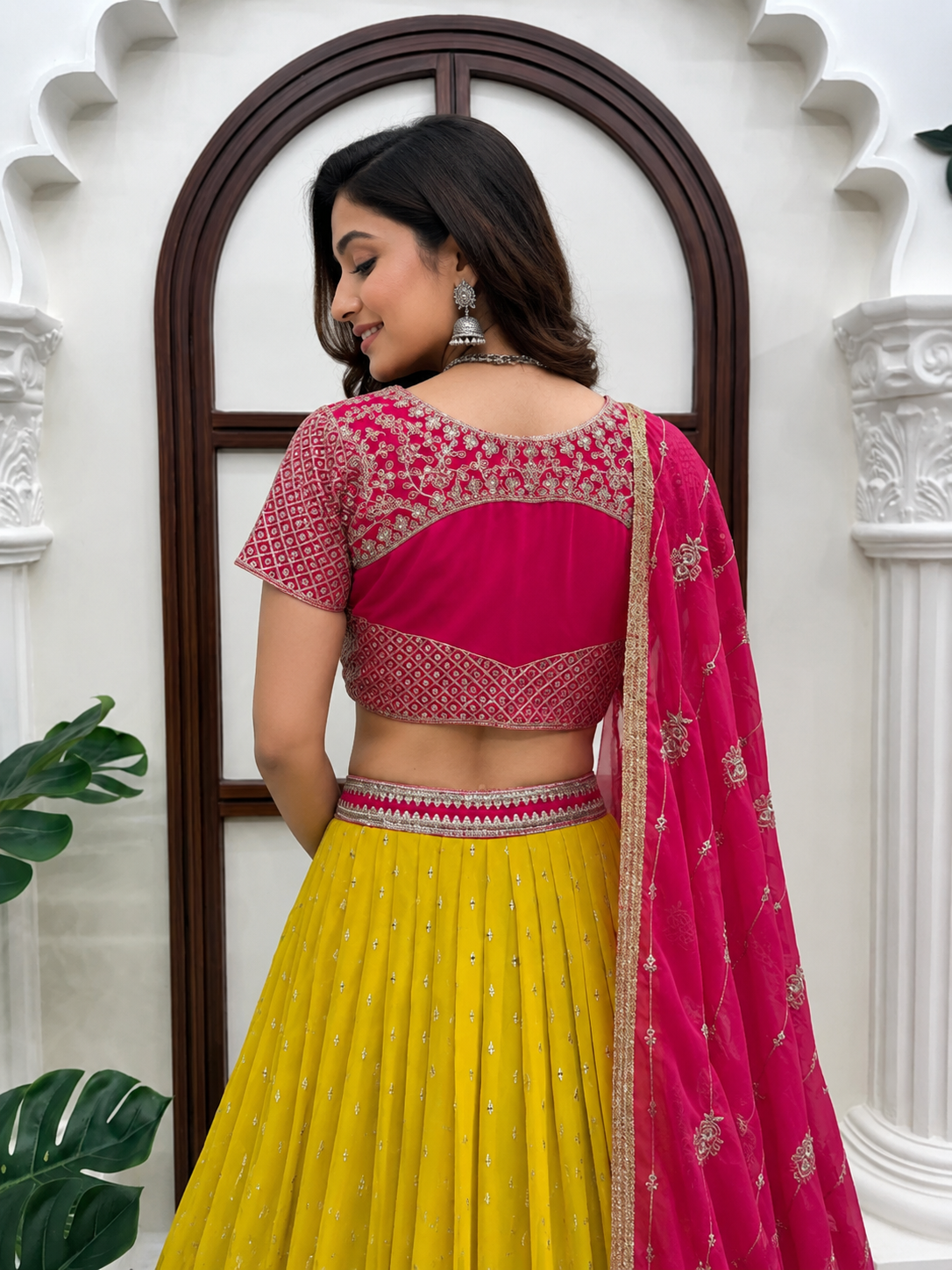 Designer Pink Embroidered Choli with Mustard Lehenga & Dupatta