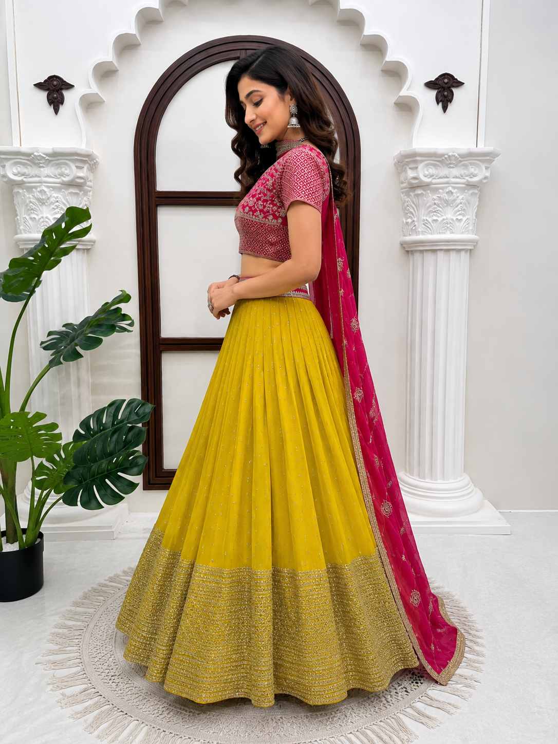 Designer Pink Embroidered Choli with Mustard Lehenga & Dupatta