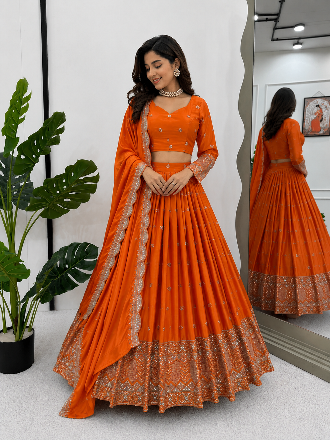 Orange Satin Silk Lehenga