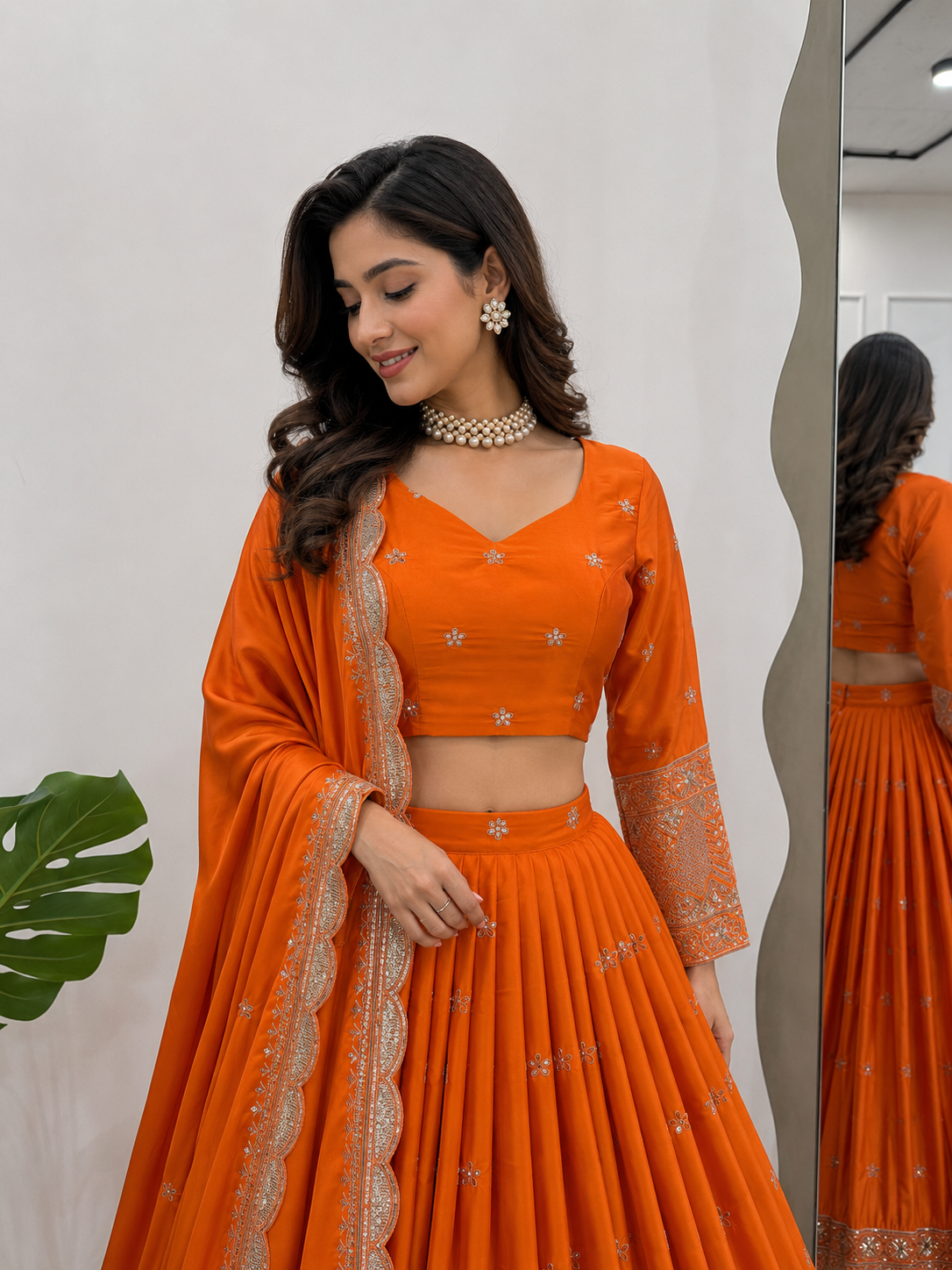 Orange Embroidered Lehenga Choli Set with Dupatta | Sequin & Mirror Work Festive Wear