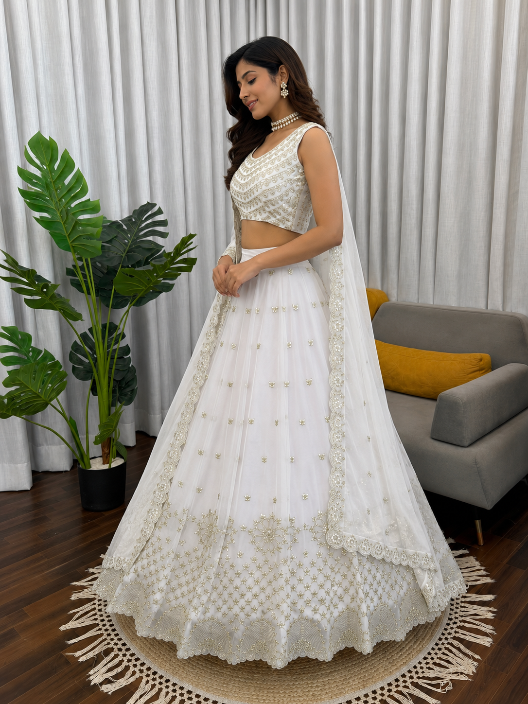 House of Rivanya Ivory White Embroidered Lehenga Choli Set with Designer Dupatta | Wedding & Festive Wear