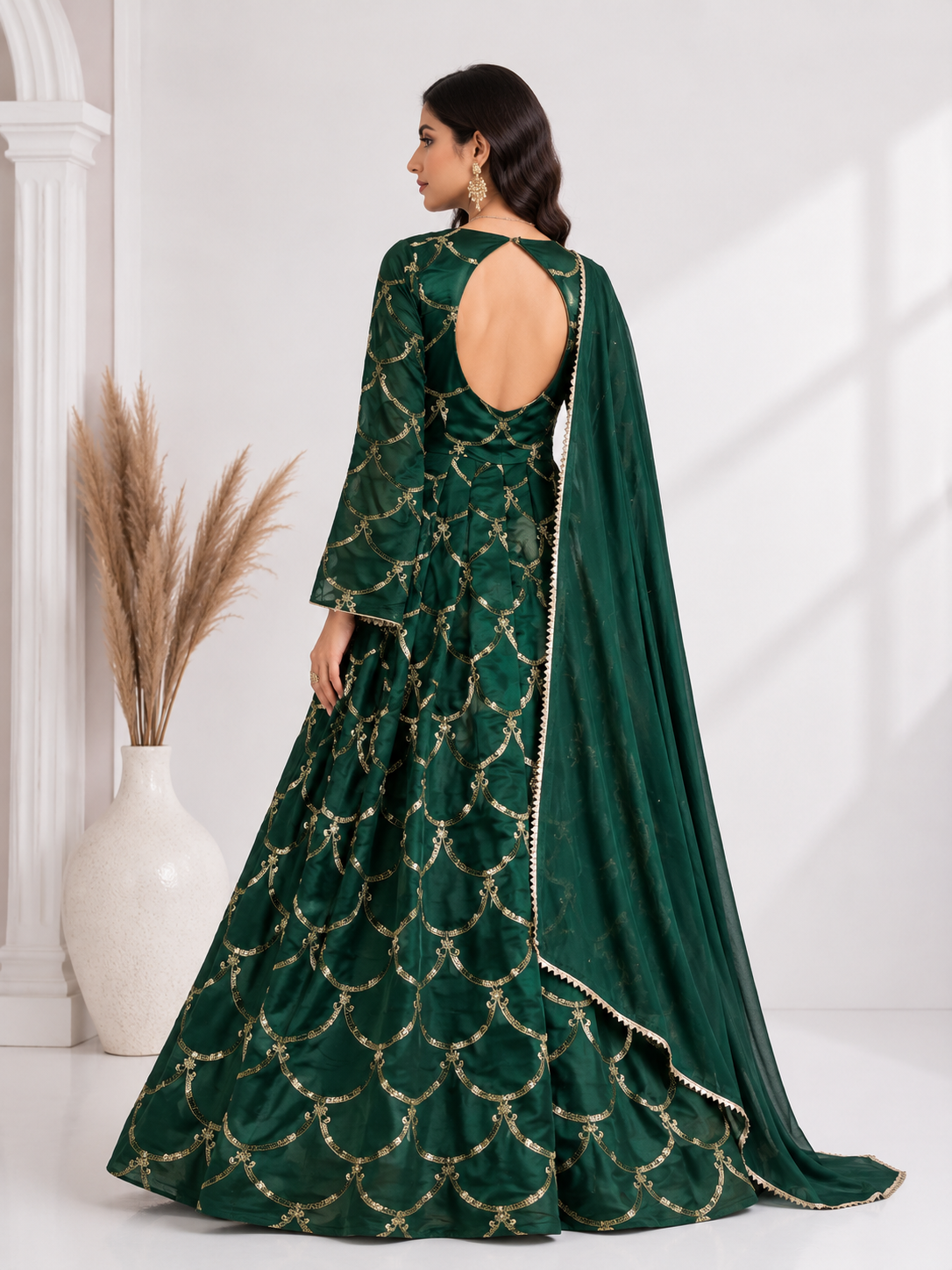 Designer Emerald Green Embroidered Anarkali Gown with Dupatta | Women's Wedding, Festive & Party Wear