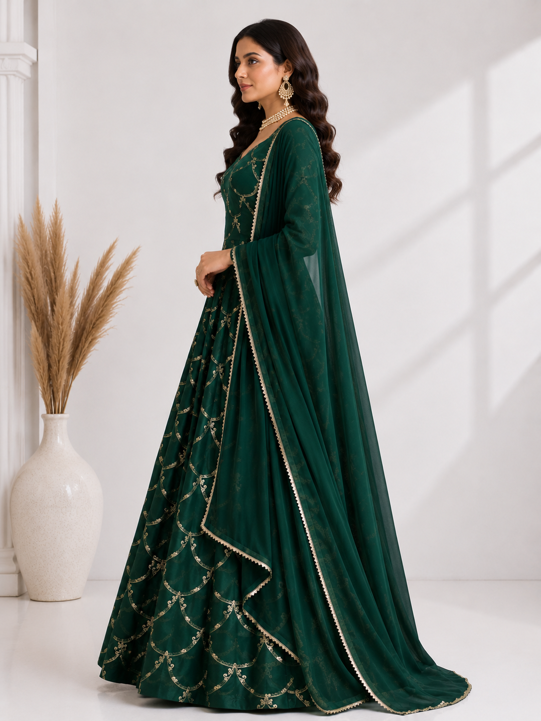 Designer Emerald Green Embroidered Anarkali Gown with Dupatta | Women's Wedding, Festive & Party Wear