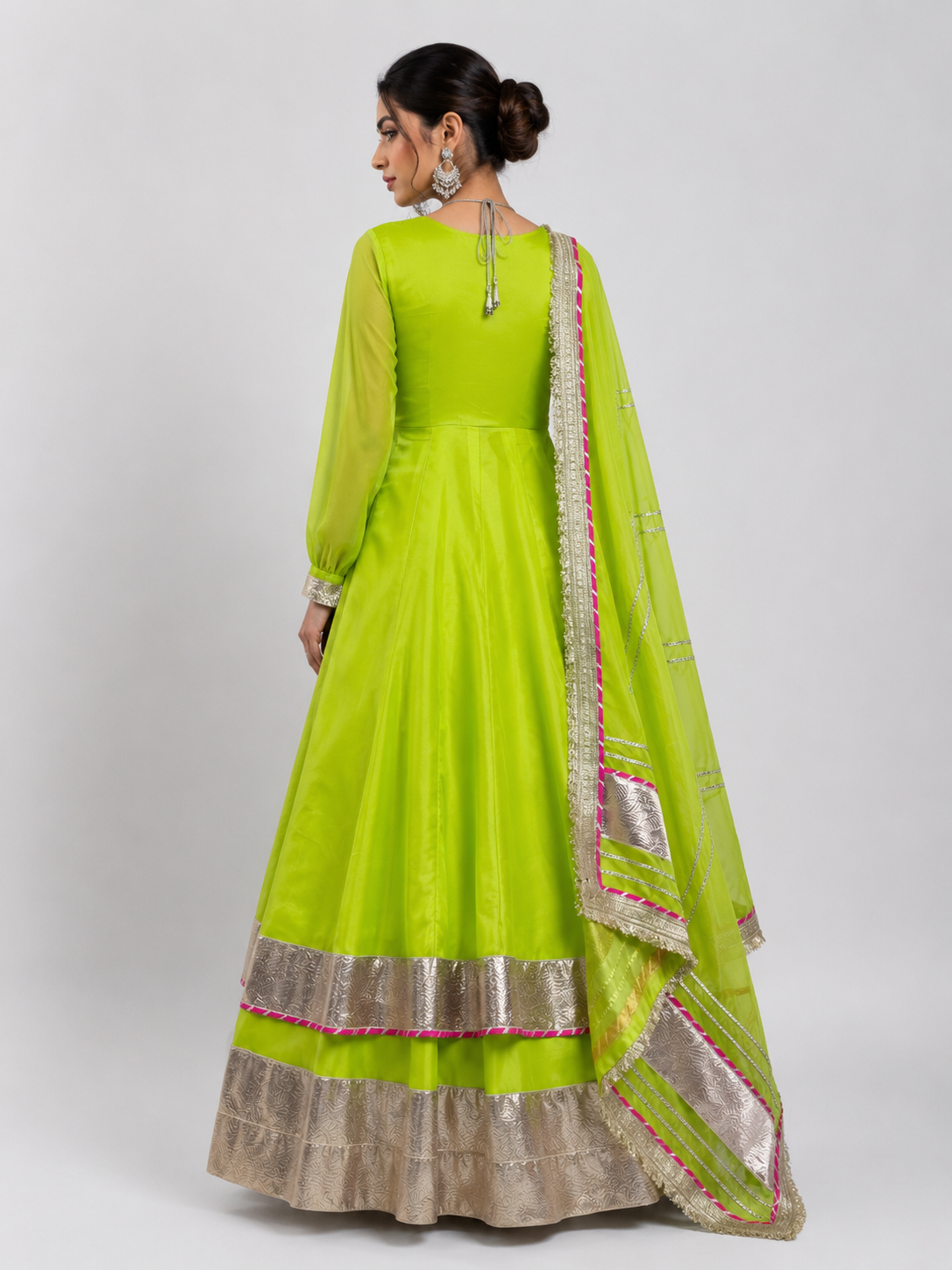 Lime Green Embroidered Anarkali Gown Set with Dupatta