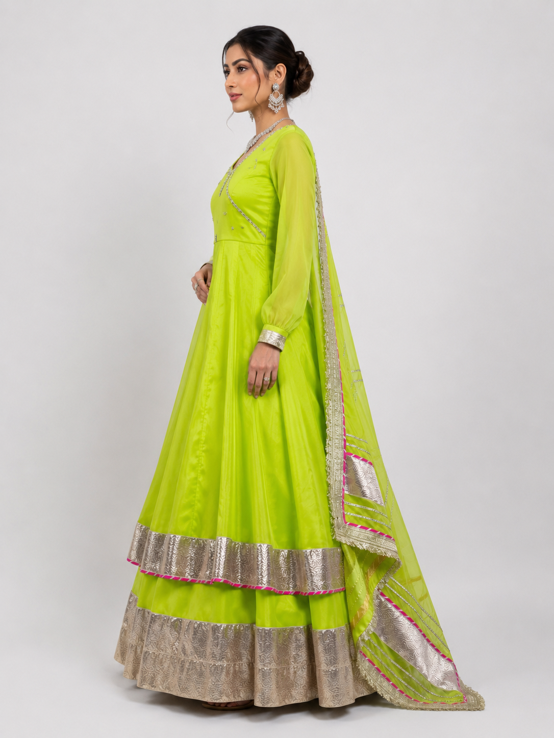 Lime Green Embroidered Anarkali Gown Set with Dupatta