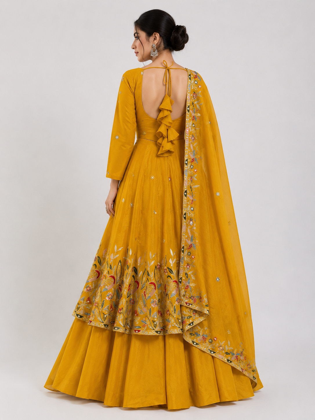 Designer Mustard Yellow Floral Embroidered Anarkali Lehenga Set with Dupatta | House of Rivanya