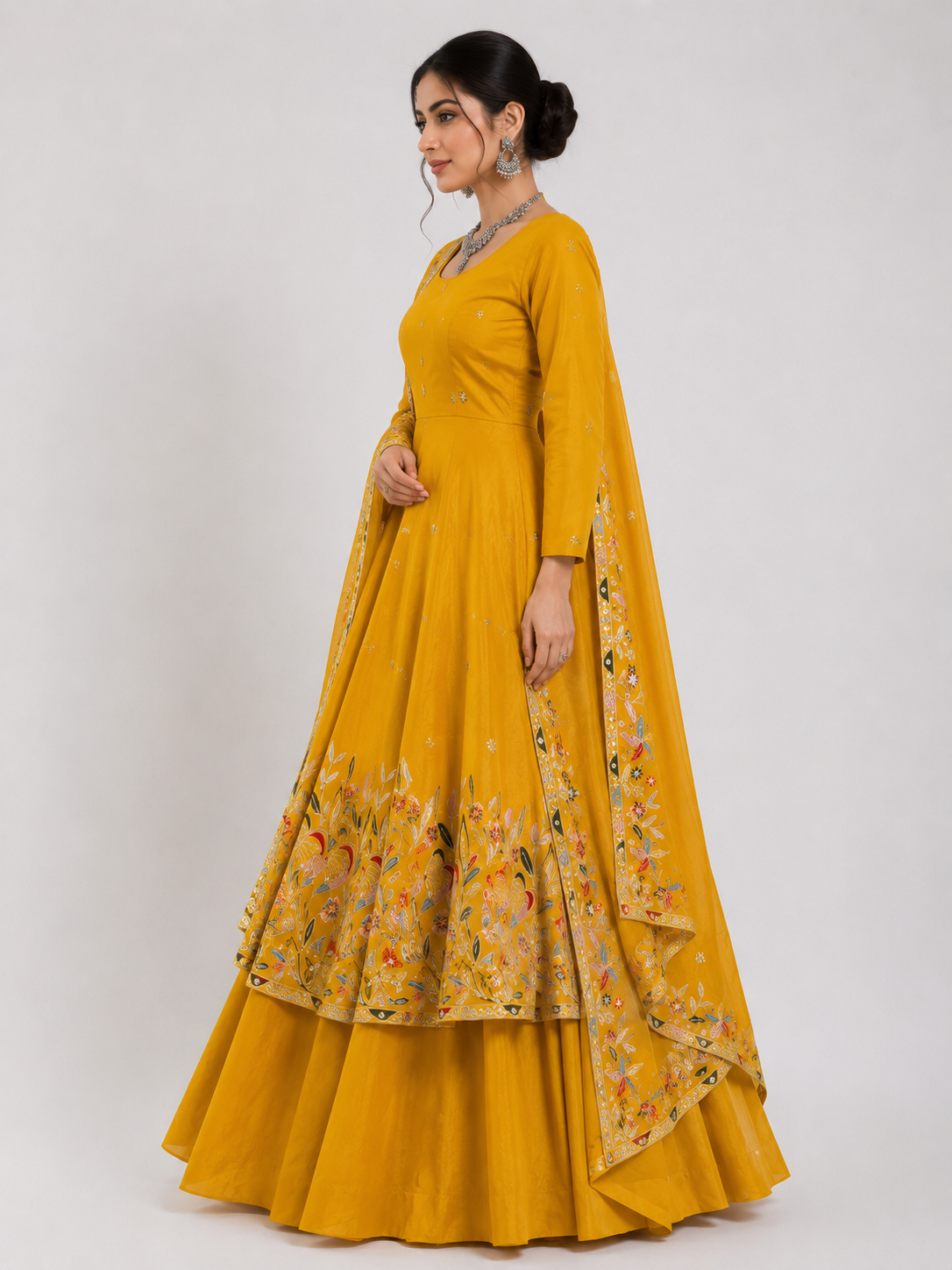 Designer Mustard Yellow Floral Embroidered Anarkali Lehenga Set with Dupatta | House of Rivanya