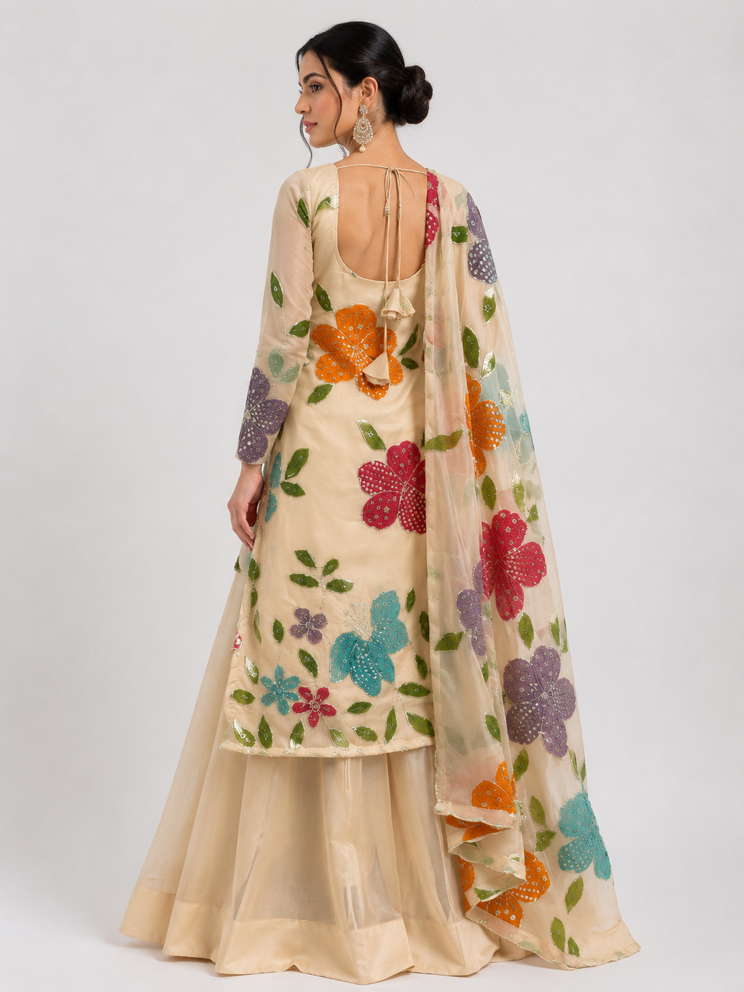 Designer Cream Multi-Color Floral Embroidered Kurta Sharara Set with Organza Dupatta | House of Rivanya