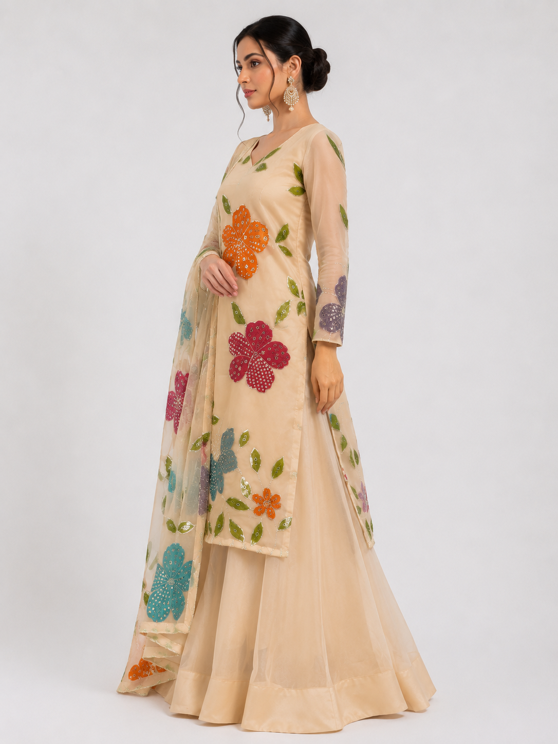 Designer Cream Multi-Color Floral Embroidered Kurta Sharara Set with Organza Dupatta | House of Rivanya