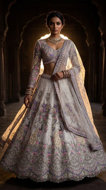 White Peacock Embroidered Bridal Lehenga Choli Set