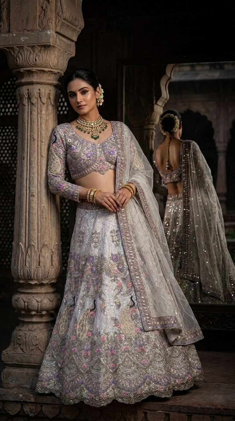 Silver Grey Peacock Lehenga