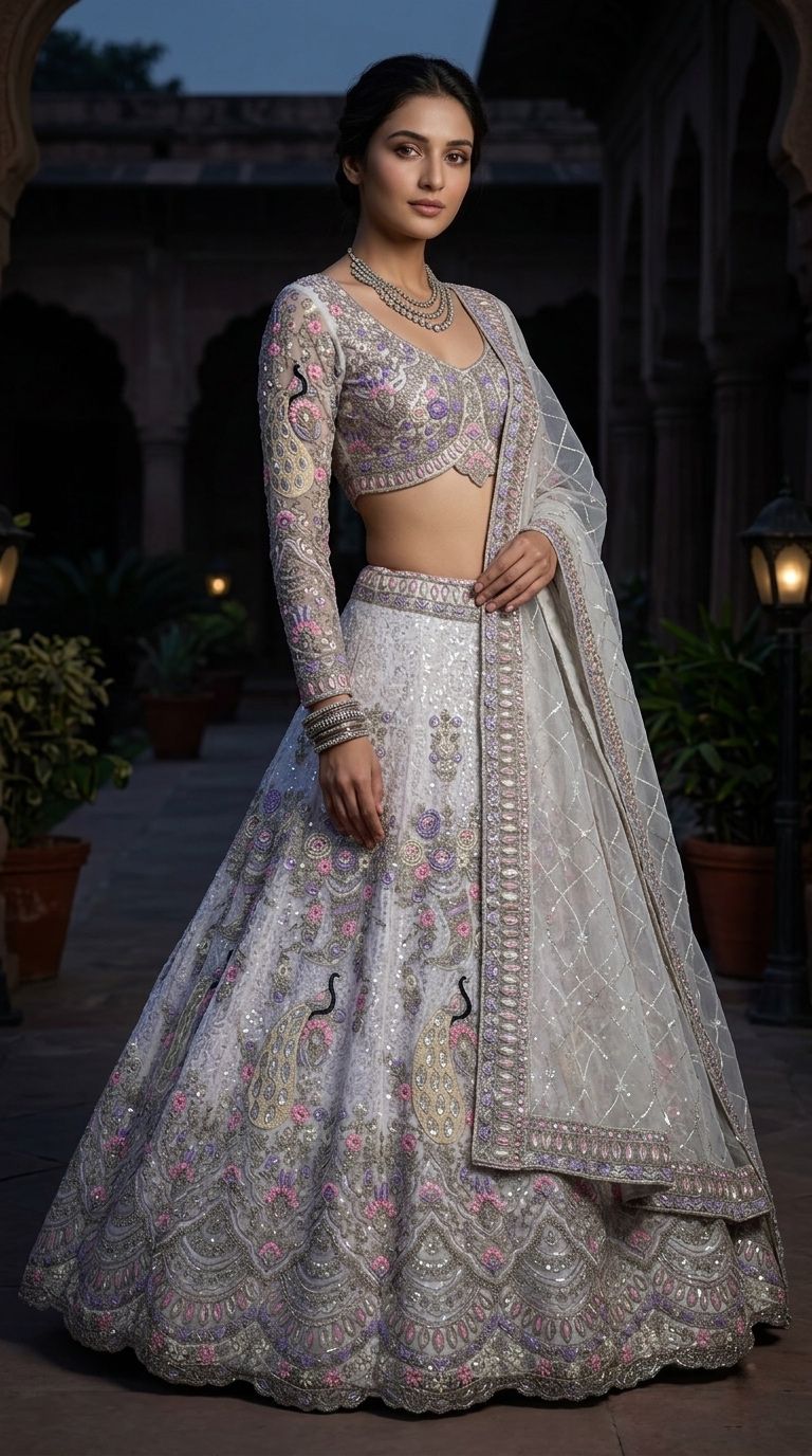 Luxury Ivory Peacock Embroidered Bridal Lehenga Choli Set with Net Dupatta