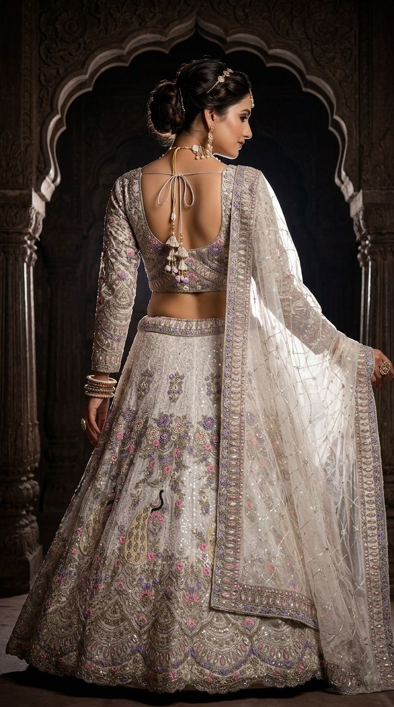 Luxury Ivory Peacock Embroidered Bridal Lehenga Choli Set with Net Dupatta