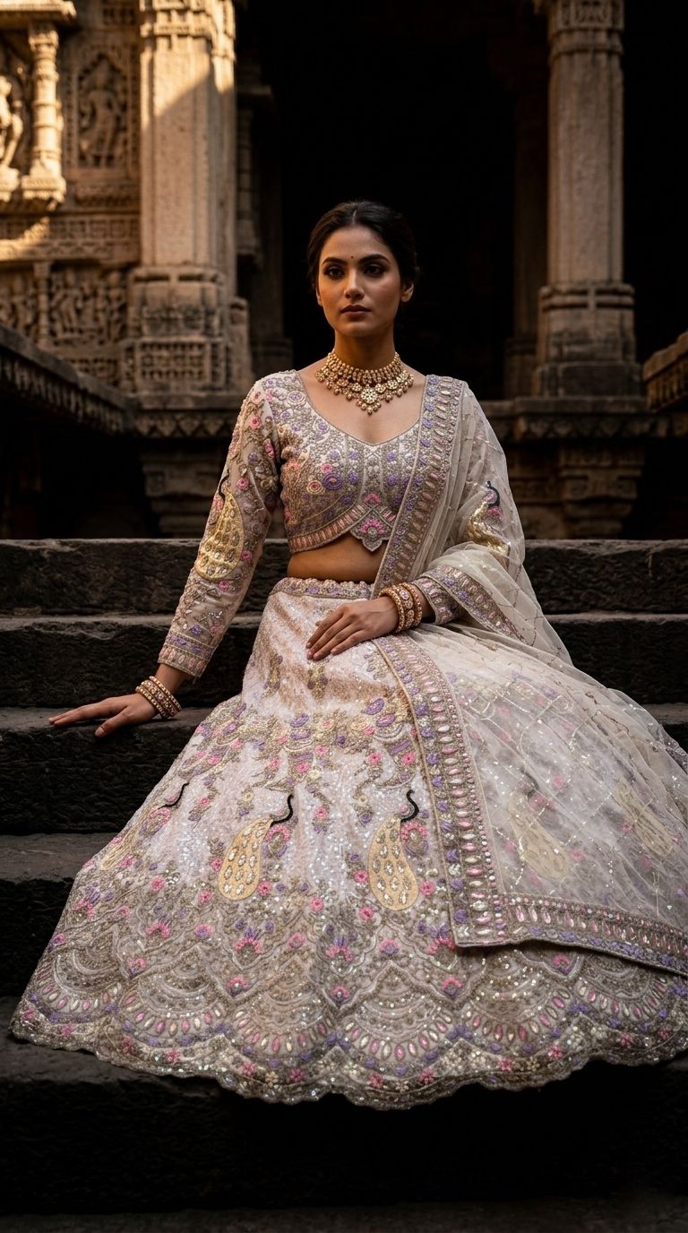 White Peacock Embroidered Bridal Lehenga Choli Set
