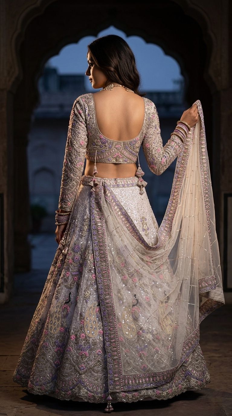 White Peacock Embroidered Bridal Lehenga Choli Set