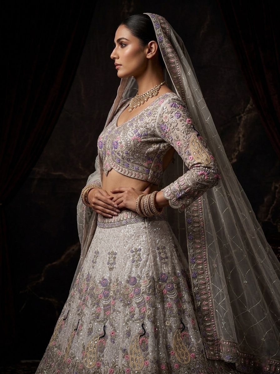 Luxury Ivory Peacock Embroidered Bridal Lehenga Choli Set with Net Dupatta