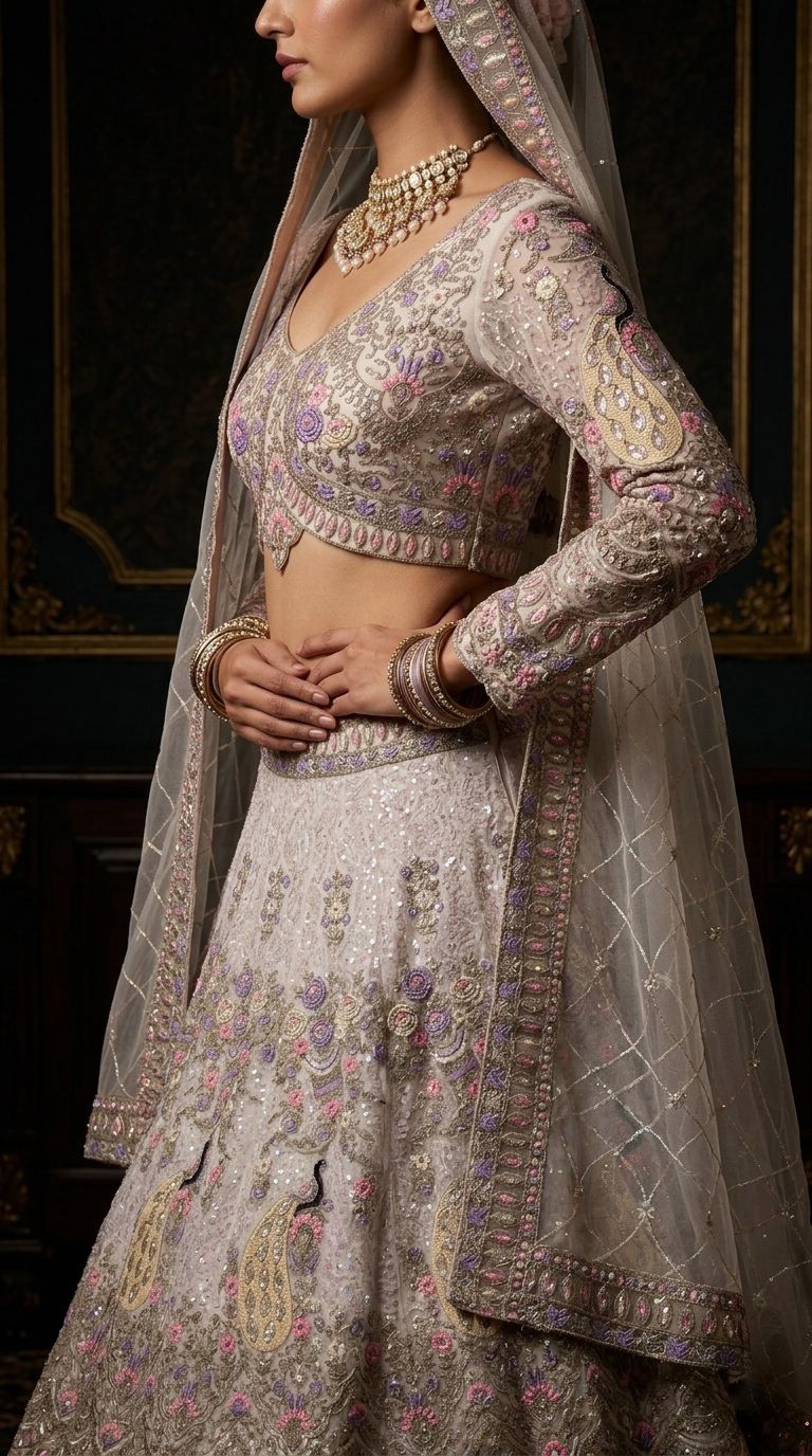 Luxury Ivory Peacock Embroidered Bridal Lehenga Choli Set with Net Dupatta