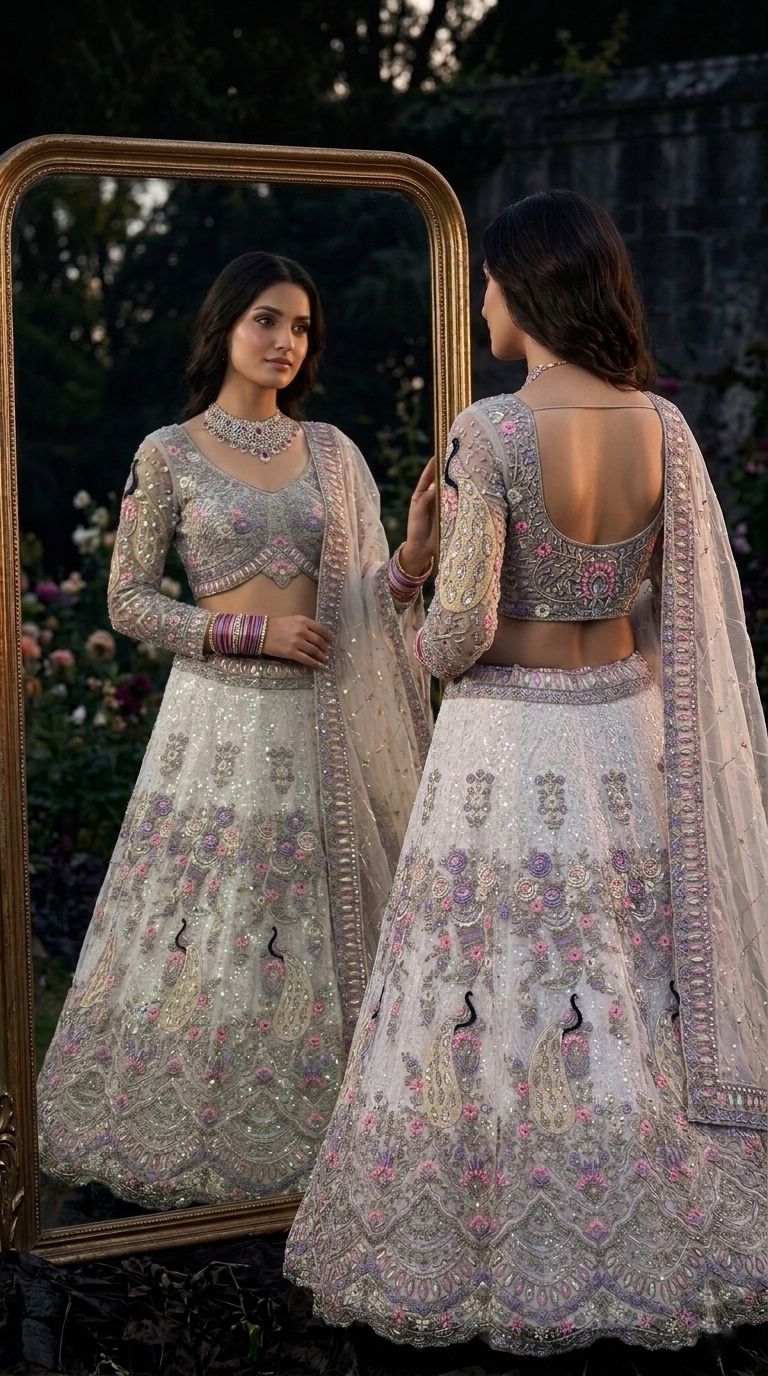White Peacock Embroidered Bridal Lehenga Choli Set