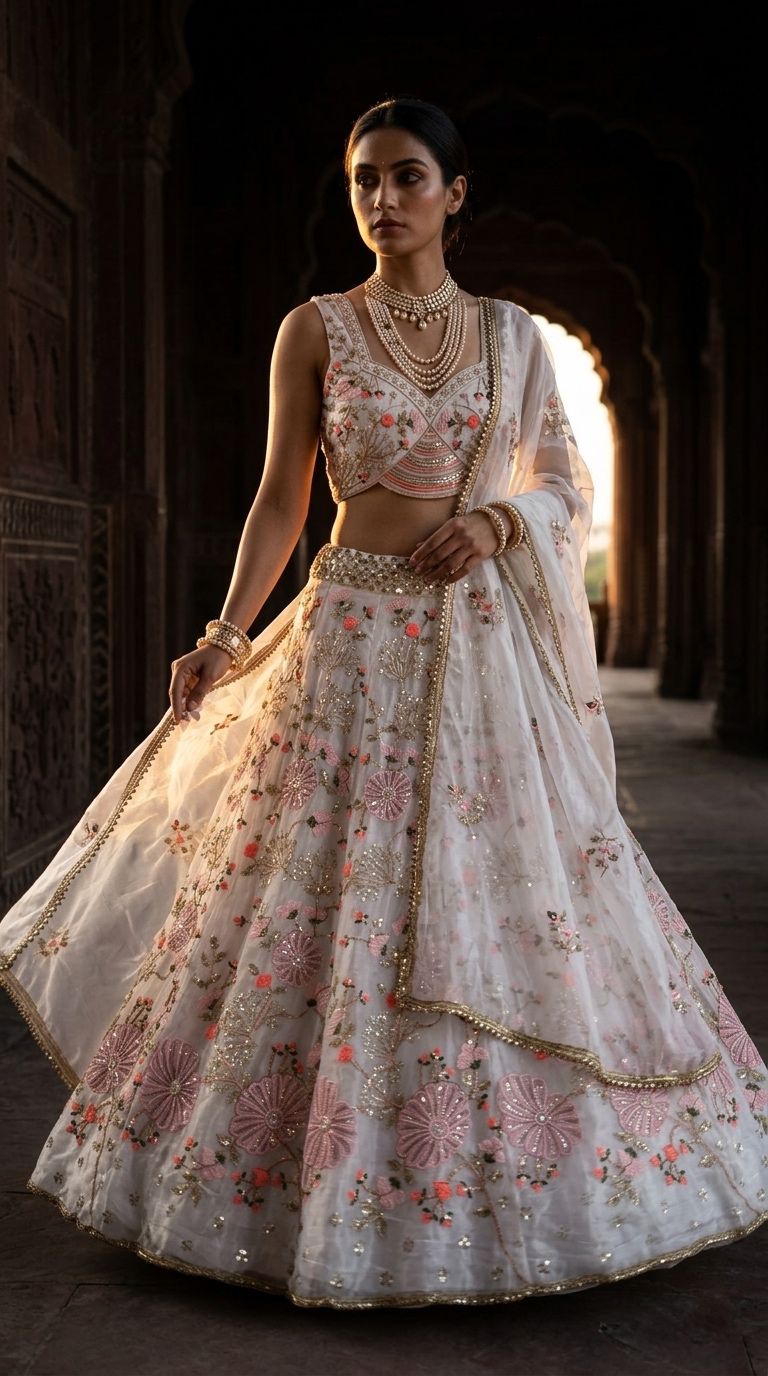Luxury White Floral Embroidered Lehenga Choli Set
