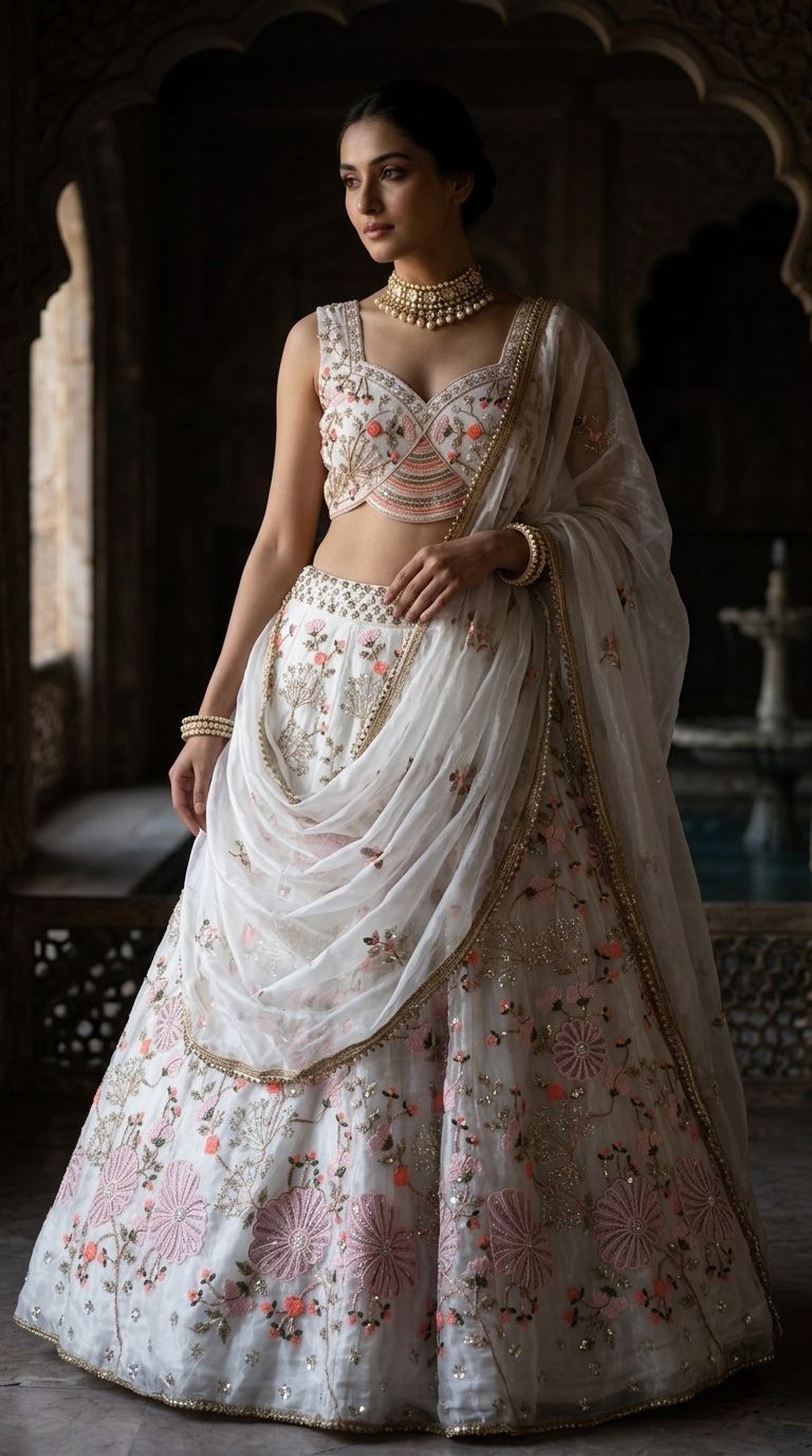 Ivory Floral Embroidered Lehenga Choli Set for Women | Wedding, Reception & Engagement Wear