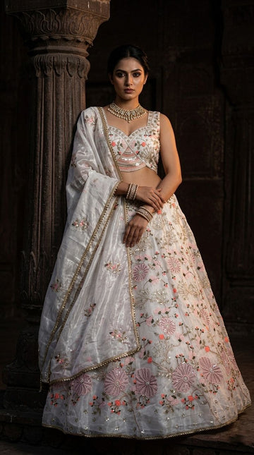 Ivory Floral Embroidered Lehenga Choli Set for Women | Wedding, Reception & Engagement Wear