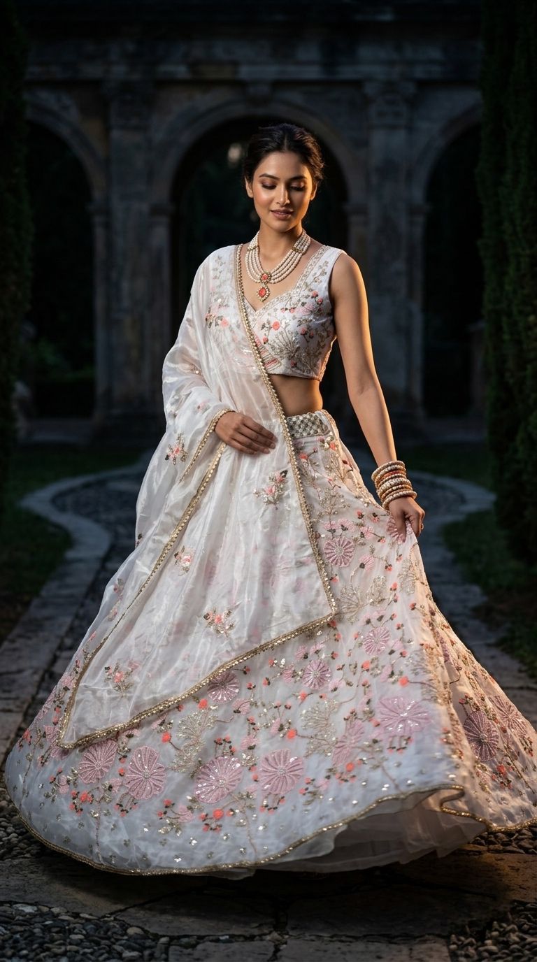 Ivory Floral Embroidered Lehenga Choli Set for Women | Wedding, Reception & Engagement Wear