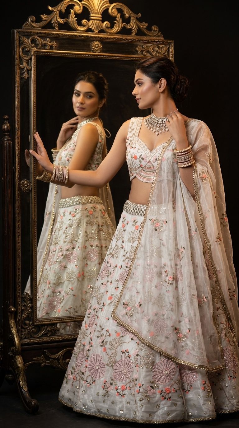 Ivory Floral Embroidered Lehenga Choli Set for Women | Wedding, Reception & Engagement Wear