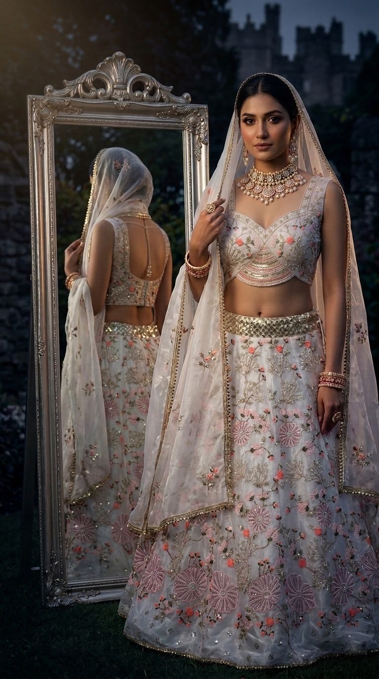 Luxury White Floral Embroidered Lehenga Choli Set