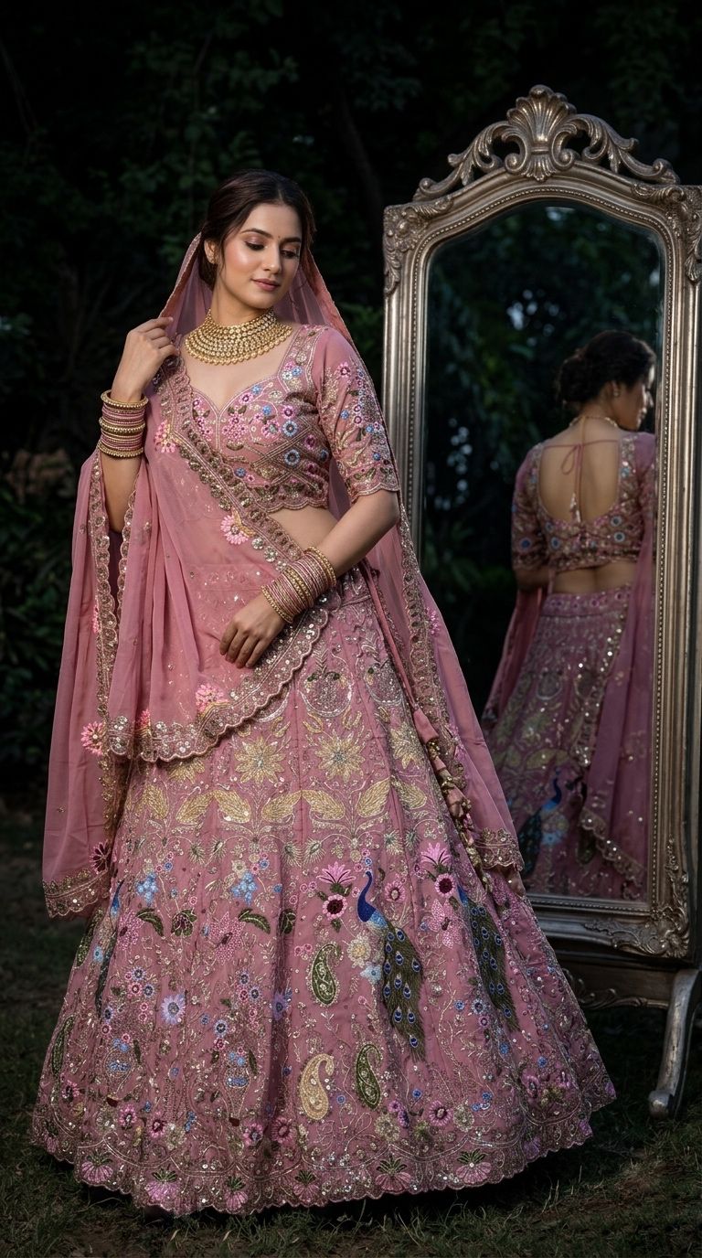 Luxury Pink Peacock Embroidered Bridal Lehenga Choli Set with Dupatta