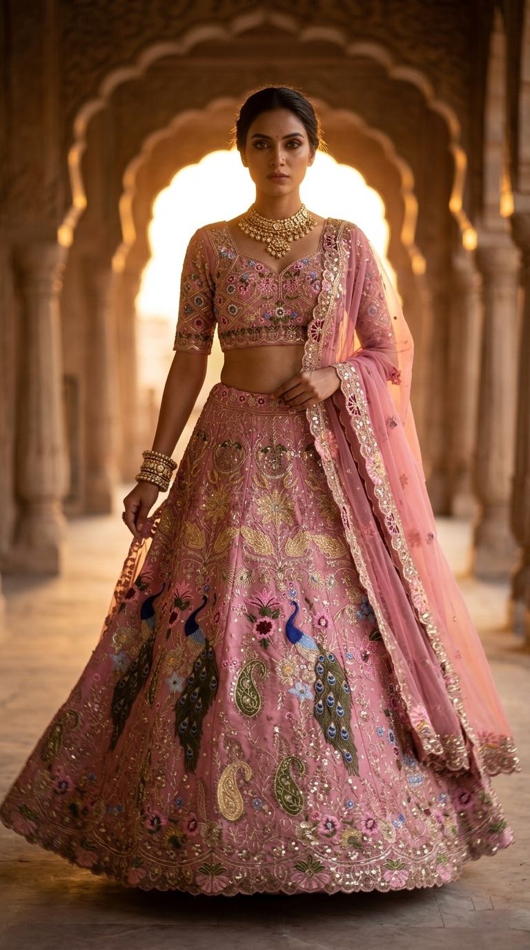 Luxury Pink Peacock Embroidered Bridal Lehenga Choli Set with Dupatta