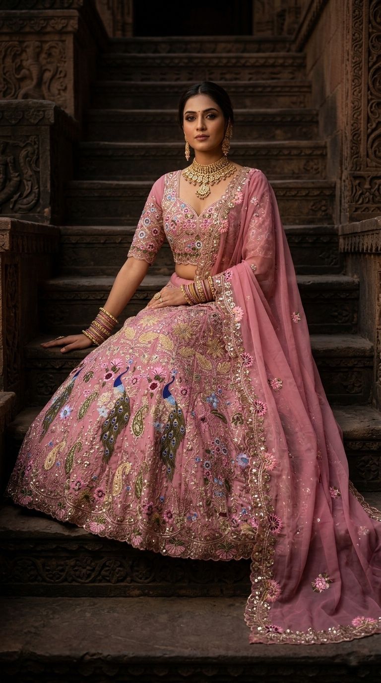 Luxury Pink Peacock Embroidered Bridal Lehenga Choli Set with Dupatta