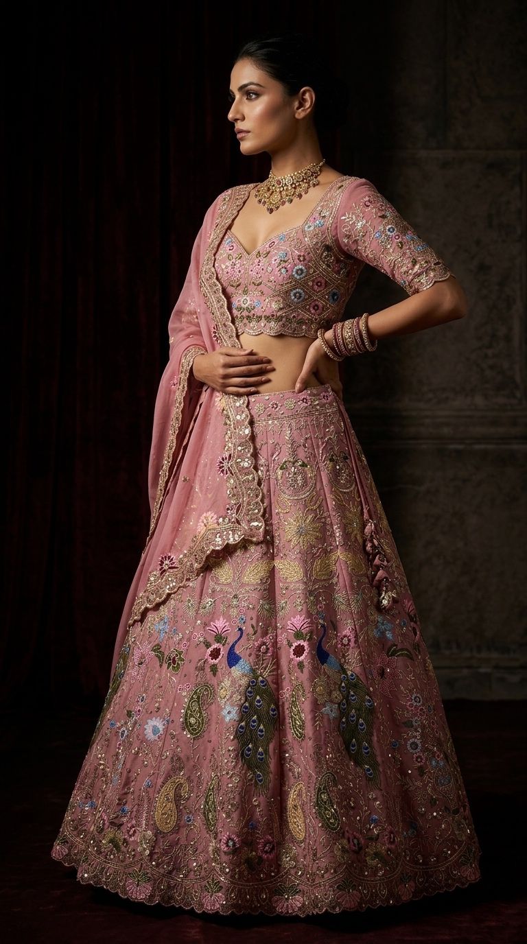 Luxury Pink Peacock Embroidered Bridal Lehenga Choli Set with Dupatta