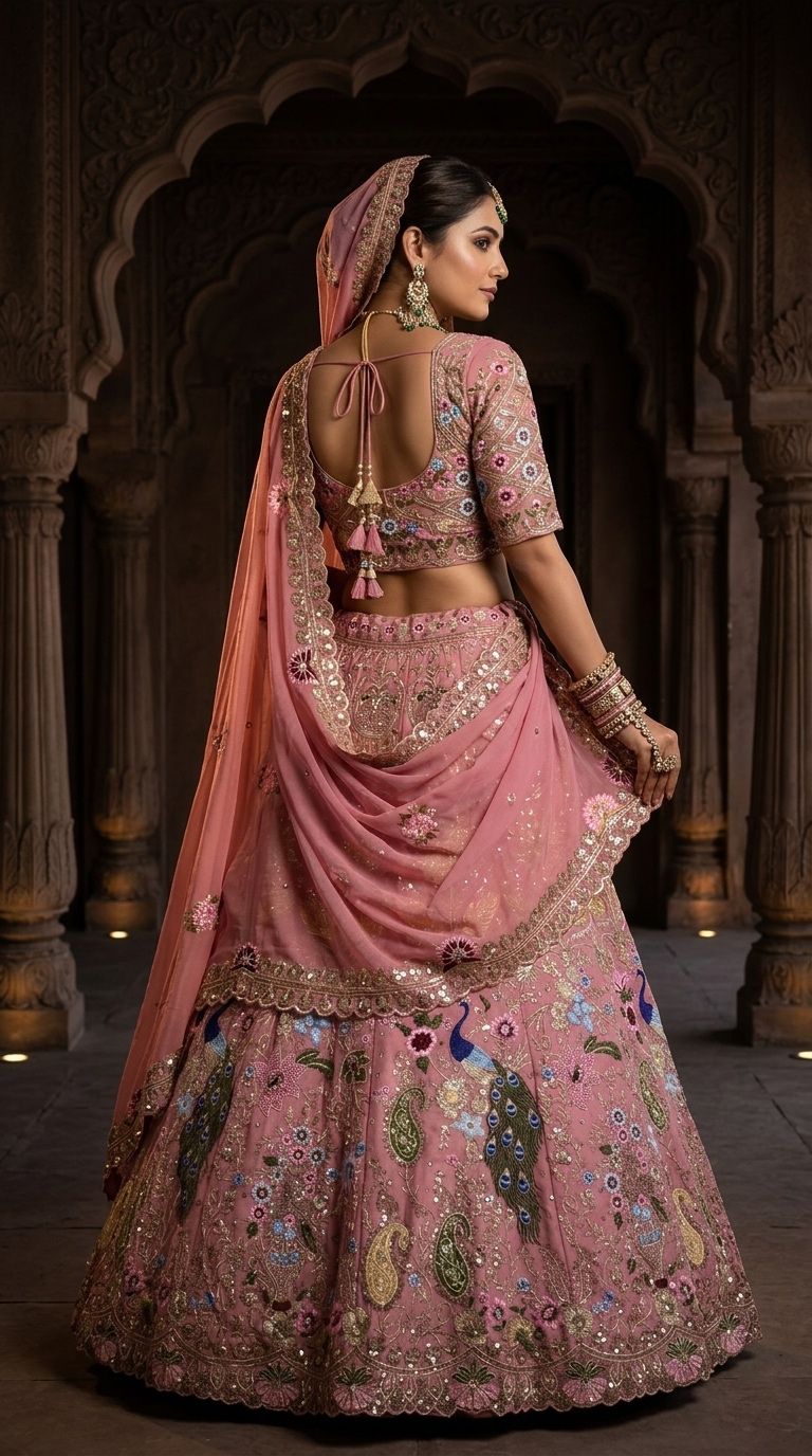 Luxury Pink Peacock Embroidered Bridal Lehenga Choli Set with Dupatta