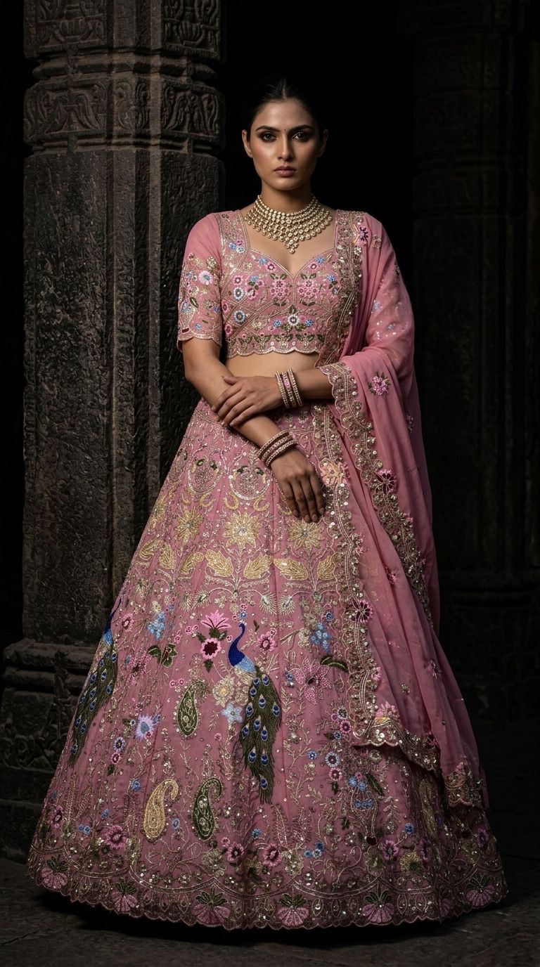 Luxury Pink Peacock Embroidered Bridal Lehenga Choli Set with Dupatta