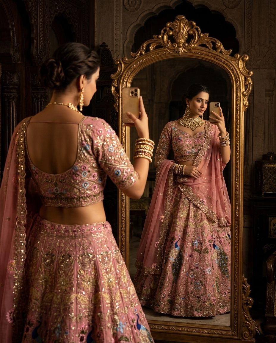 Luxury Pink Peacock Embroidered Bridal Lehenga Choli Set with Dupatta