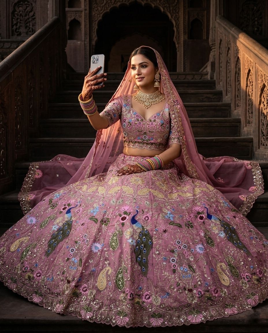 Luxury Pink Peacock Embroidered Bridal Lehenga Choli Set with Dupatta